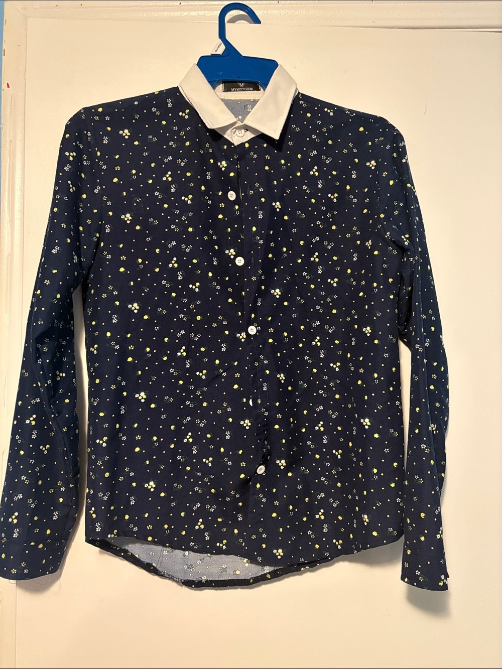 Men's Navy Floral Button-Down Shirt with White Contrast Collar